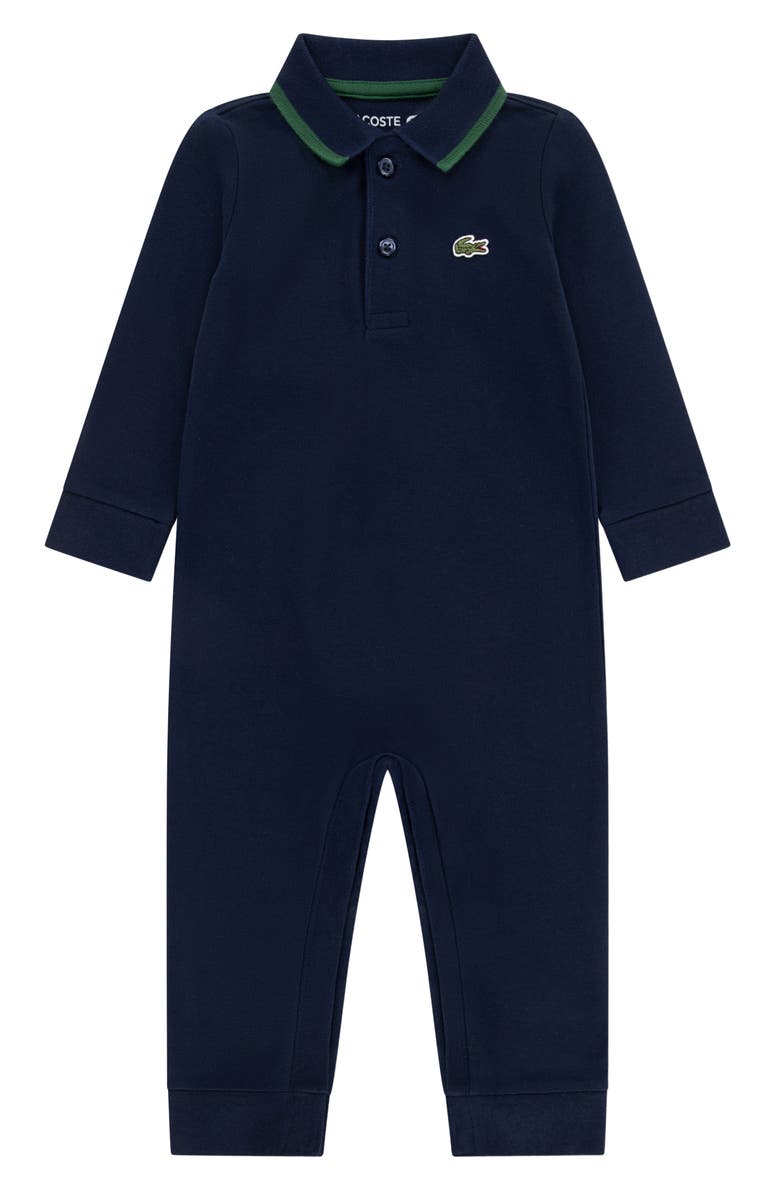 Lacoste Polo Collar Stretch Cotton Piqué Romper, Main, color, Marine