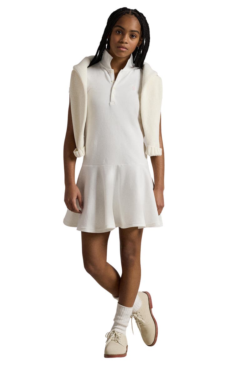 Kids' Stretch Cotton Mesh Polo Dress, Alternate, color, WHITE