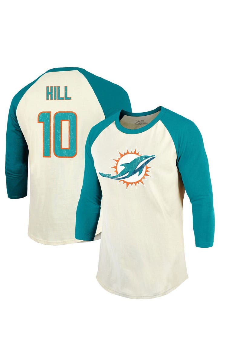 Majestic Threads Men's Majestic Threads Tyreek Hill Cream/Aqua Miami Dolphins Vintage Player Name & Number Raglan 3/4-Sleeve T-Shirt, Main, color, Cream