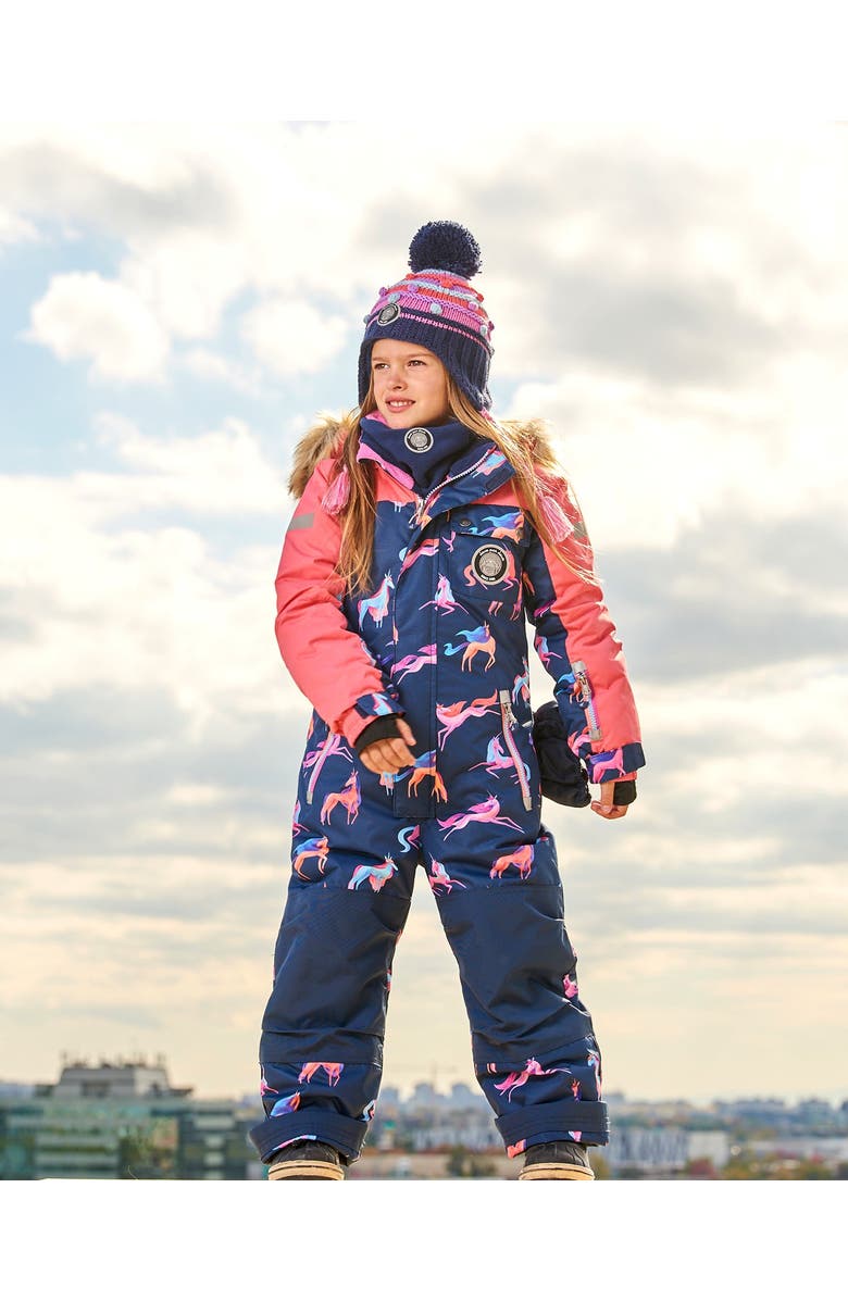 Deux par Deux Little Girl's One Piece Snowsuit Navy Printed Unicorn, Alternate, color, 
