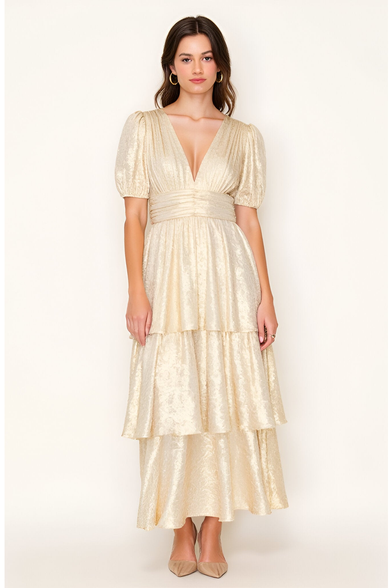 Tiered Metallic Puff Sleeve Pleated Waist Maxi Dress, Main, color, Metallic Gold