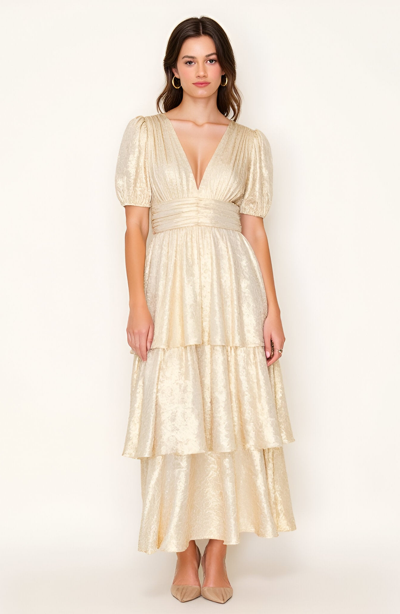 Modenaire Tiered Metallic Puff Sleeve Pleated Waist Maxi Dress, Main, color, Metallic Gold