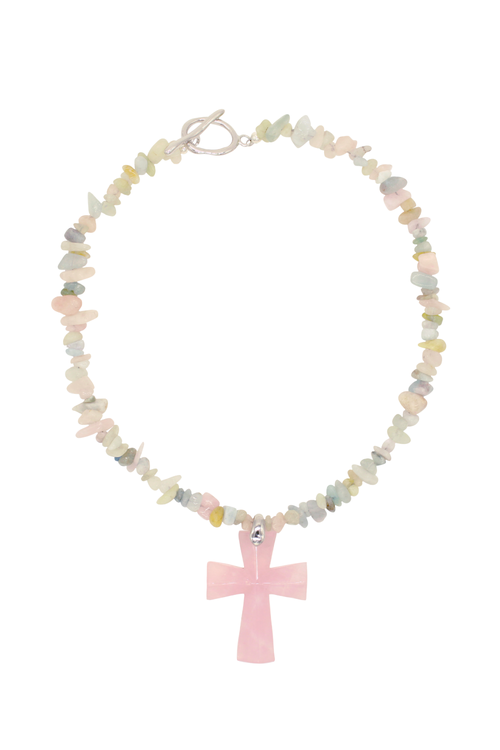 Velvet Luna Quartz Cross Pendant Necklace In Pink