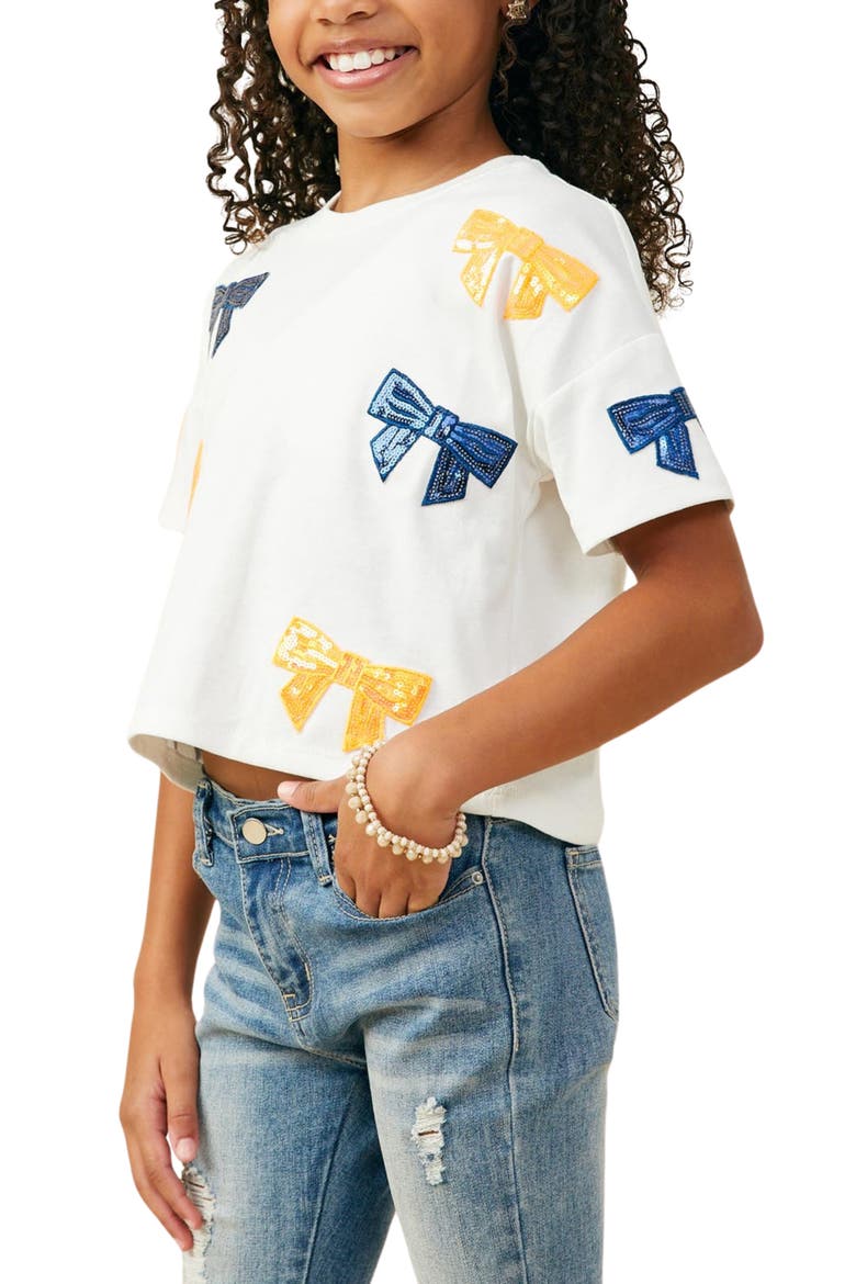 Kids' Gameday Sequin Bow Graphic T-Shirt, Alternate, color, WHITE/ ORANGE/ BLUE