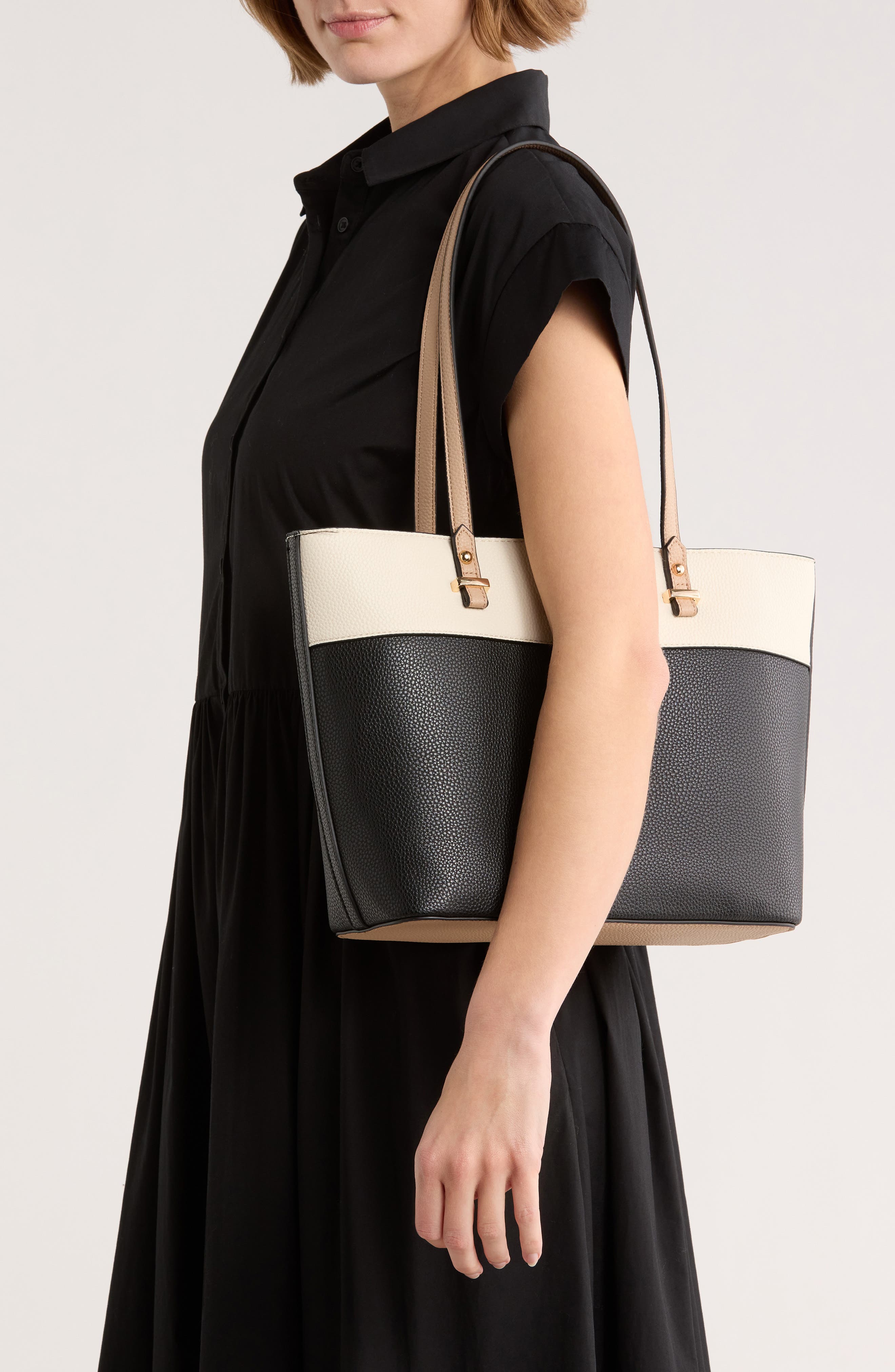 Nanette Lepore Sabine Colorblock Tote Bag & Pouch, Alternate, color, Black - Rice - Warm Taupe