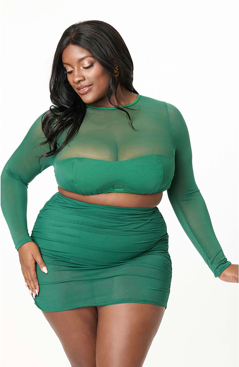 Unique Vintage Plus Size Mesh Long Sleeve Swim Top, Main, color, Green