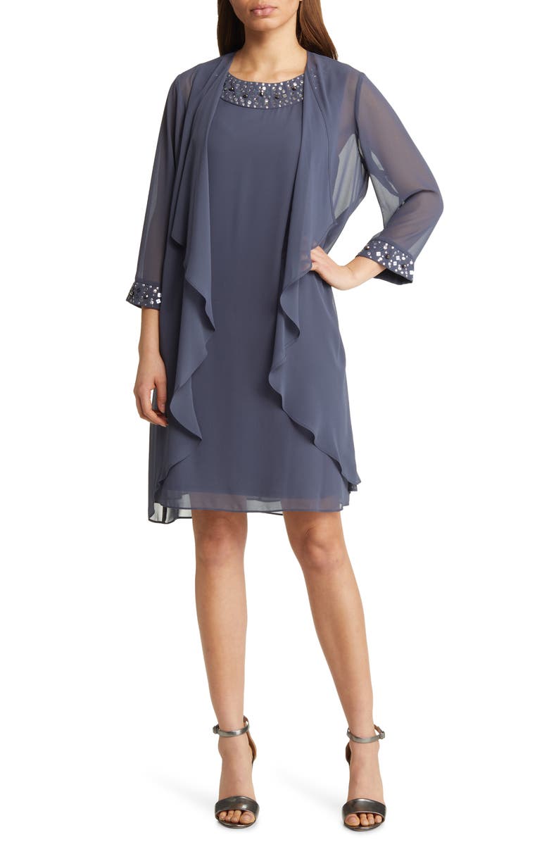 SL FASHIONS SLNY Beaded Neck Sleeveless Sheath Dress with Jacket, Main, color, 