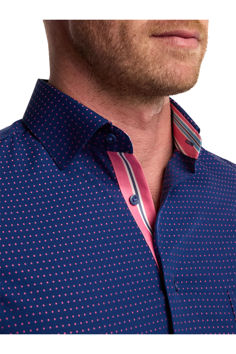 Cotton Spread Collar Poplin Slim Contrast Trim Button Cuff Long Sleeve Shirt, Alternate, color, Navy/Pink