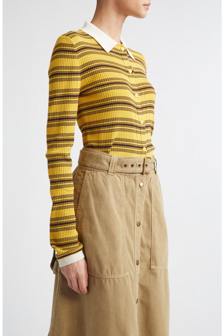 Stripe Fitted Rib Cotton Cardigan, Alternate, color, YELLOW/ BROWN