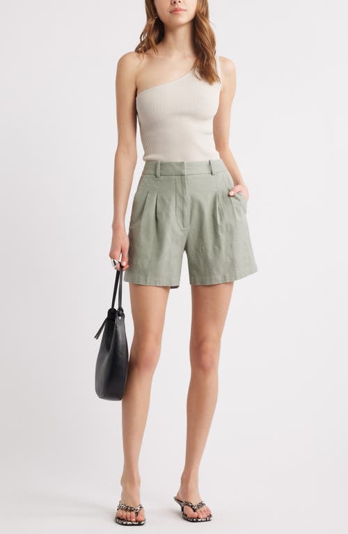 Open Edit Everyday Pleated Linen Blend Shorts In Green Halo