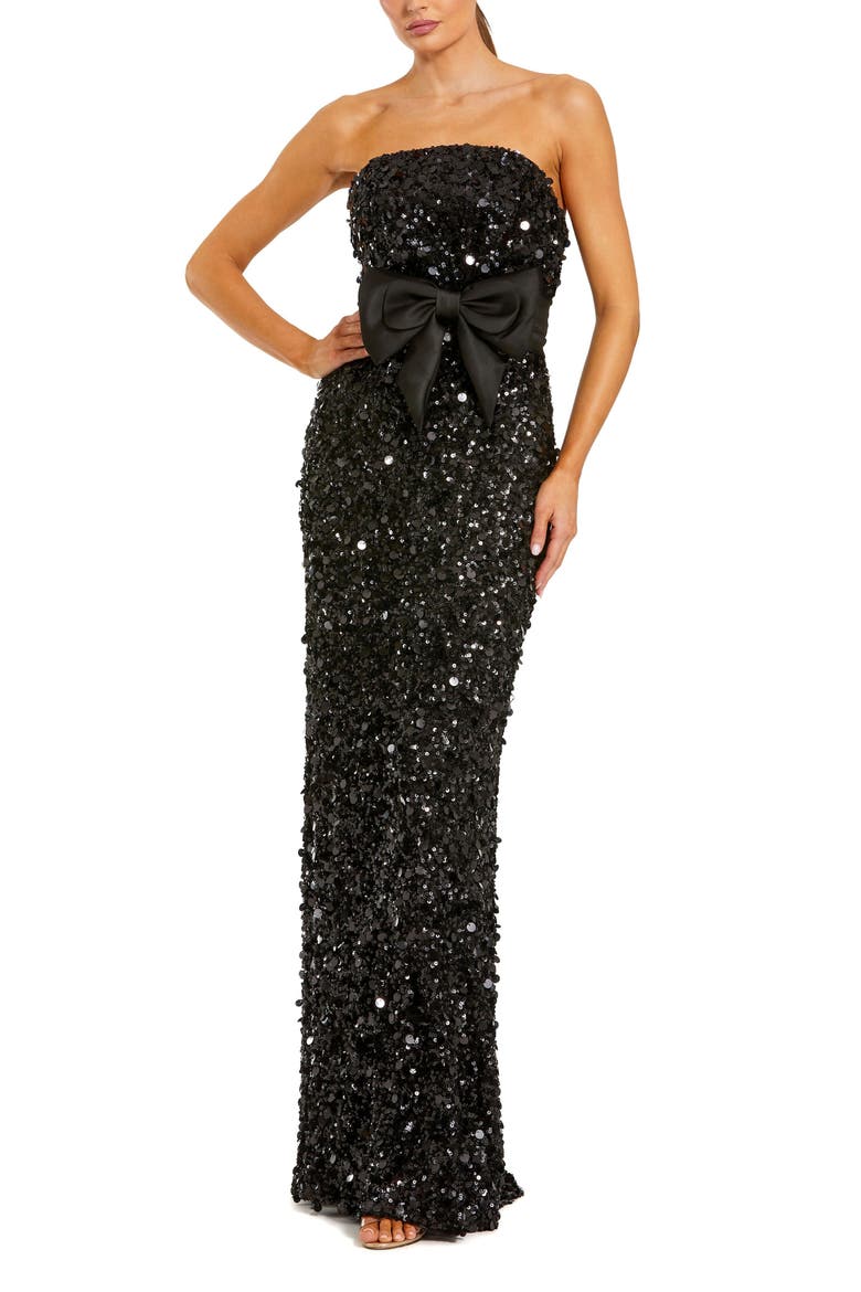 Strapless Sequin Column Evening Gown With Bow, Main, color, Black
