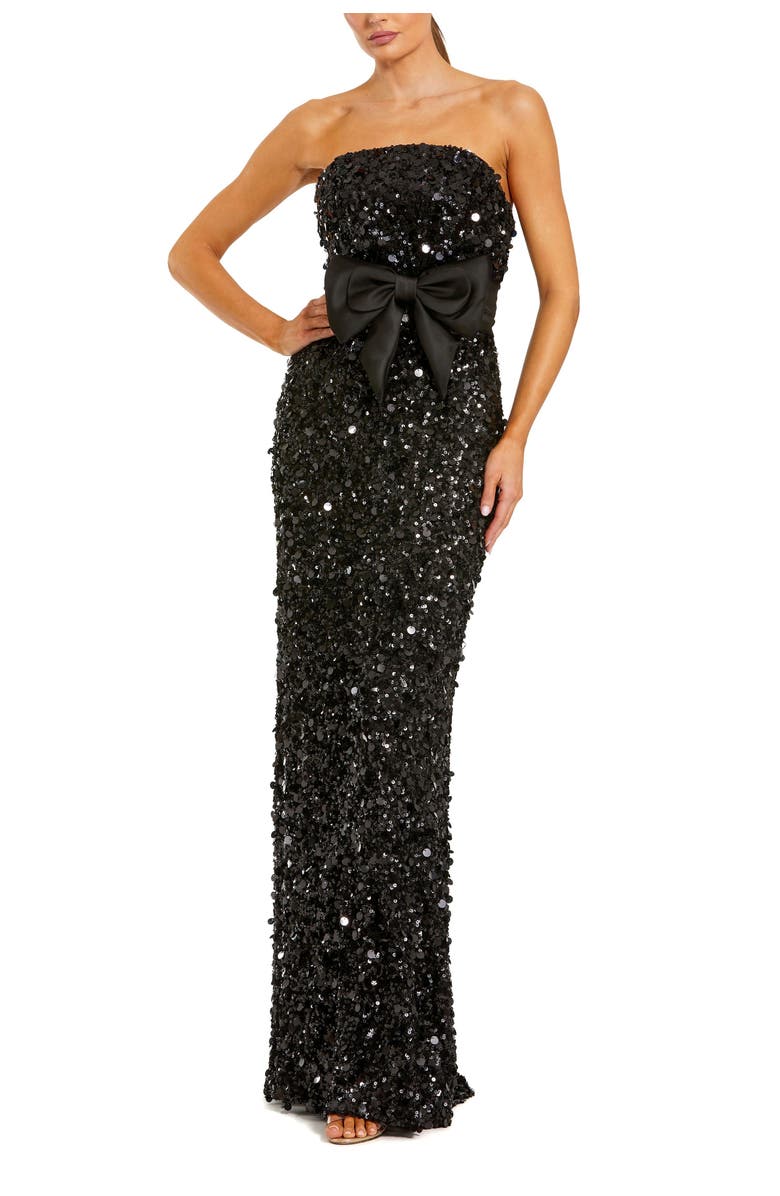 Mac Duggal Strapless Sequin Column Evening Gown With Bow, Main, color, Black