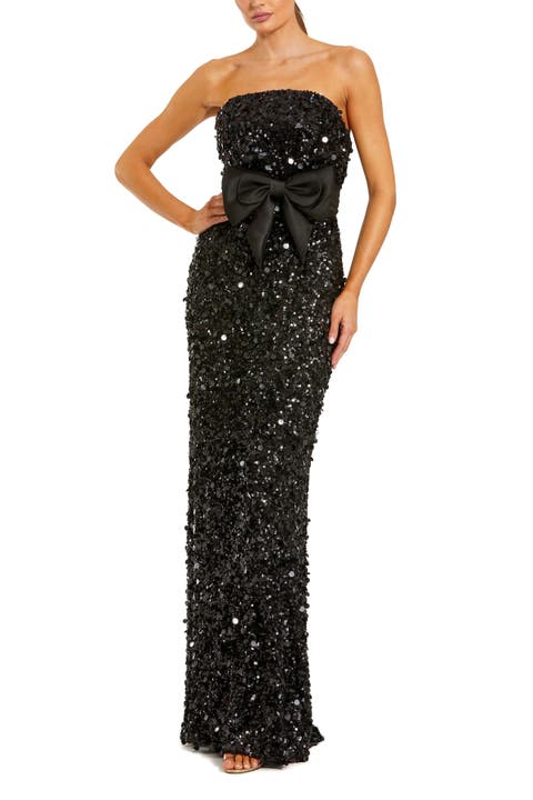 Strapless Sequin Column Evening Gown With Bow