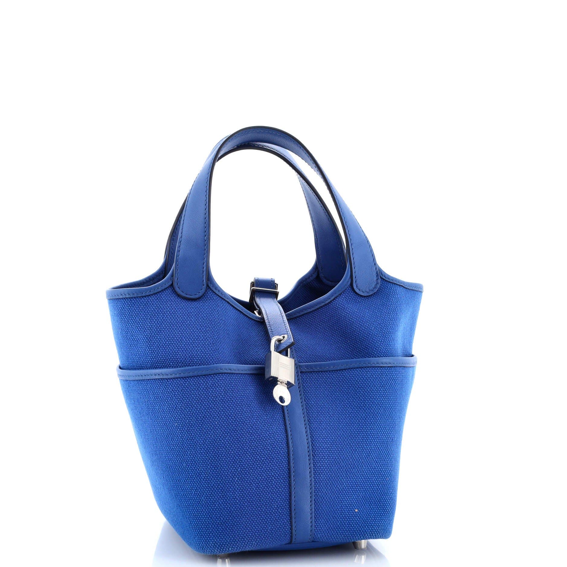 Pre-Owned Hermes Cargo Picotin Lock Bag Canvas and Swift PM, Alternate, color, Bleu France