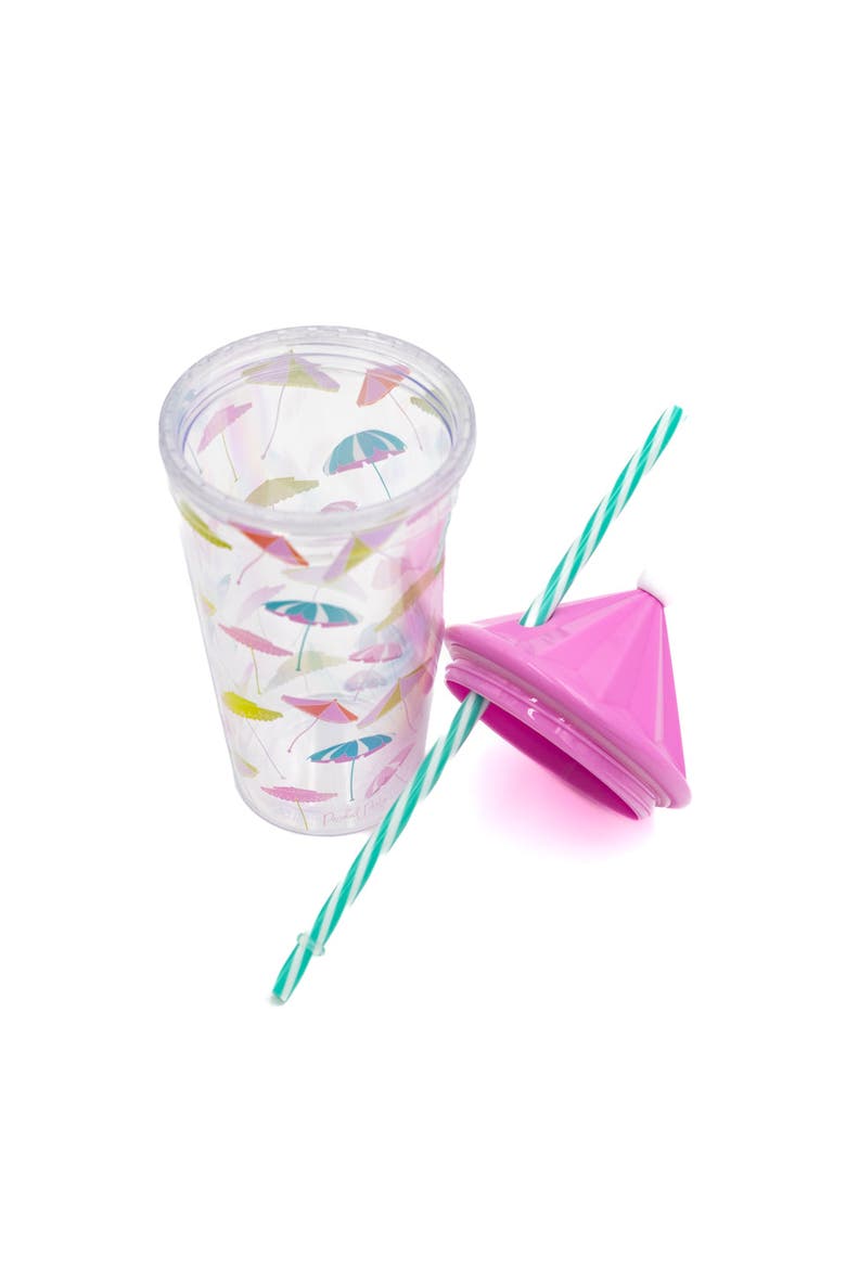 Umbrella Print Drink Tumbler | 18 oz Beach-Inspired Reusable Sipper Cup with Straw and Umbrella Lid | 9.25x4.25 Inch, Alternate, color, Multicolor