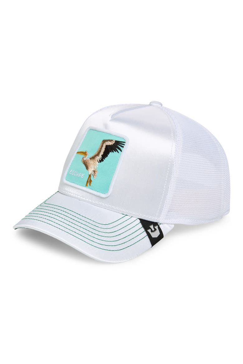 Not Into Yoga Embroidered Patch Trucker Hat, Main, color, WHITE