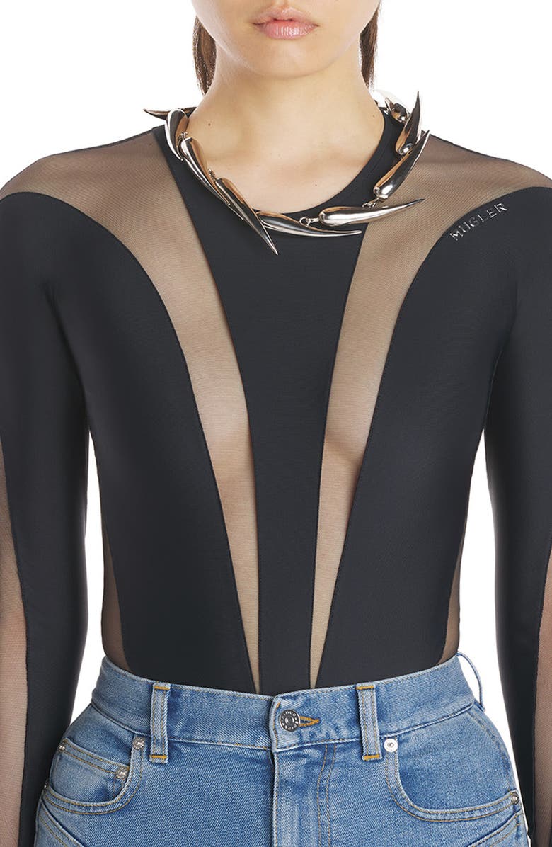 MUGLER Illusion Inset Long Sleeve Bodysuit, Main, color,