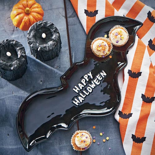 Tag Happy Halloween Black Bat Ceramic Serving Platter In Black
