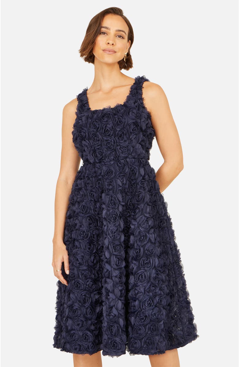 Yumi Applique Floral Skater Dress, Main, color, Navy