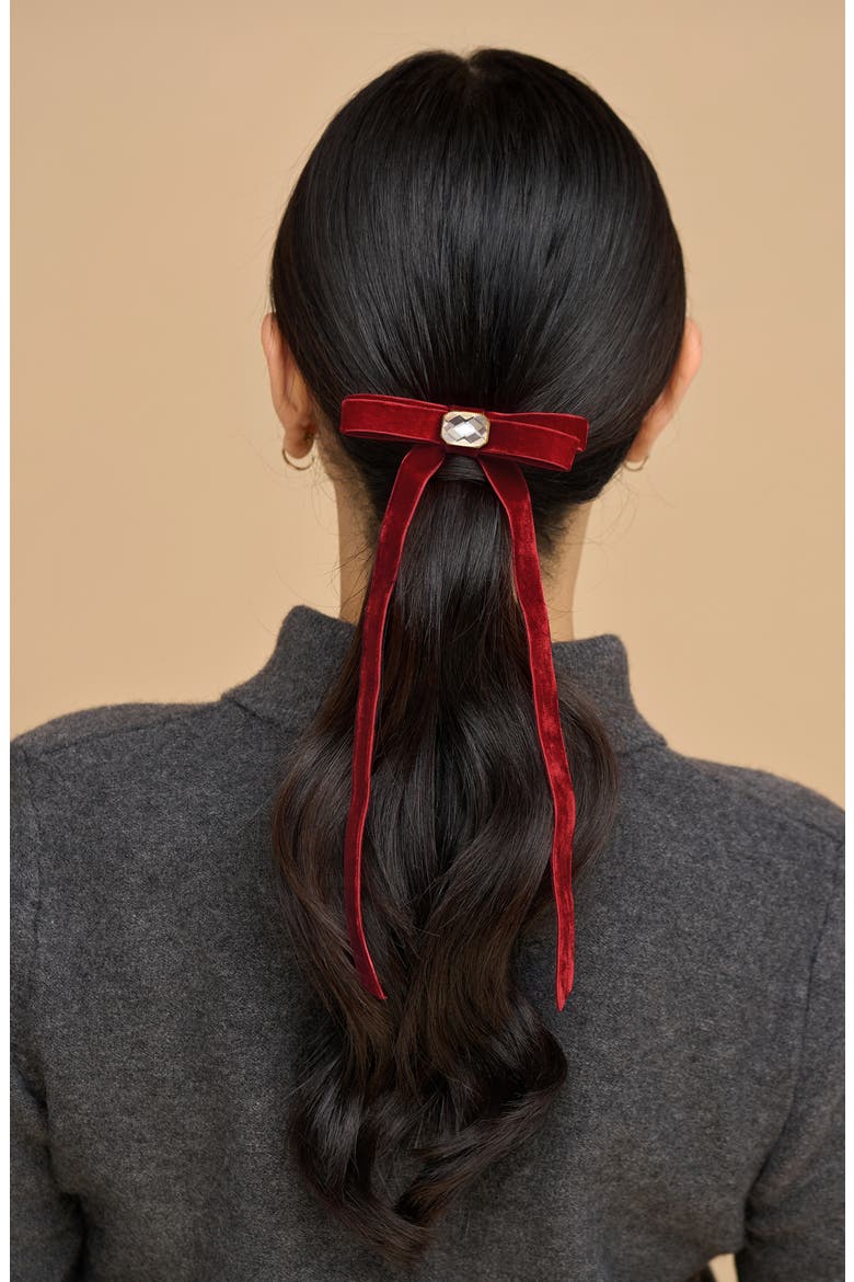 Velvet Rhinestone Bow Hair Clip, Alternate, color, RED