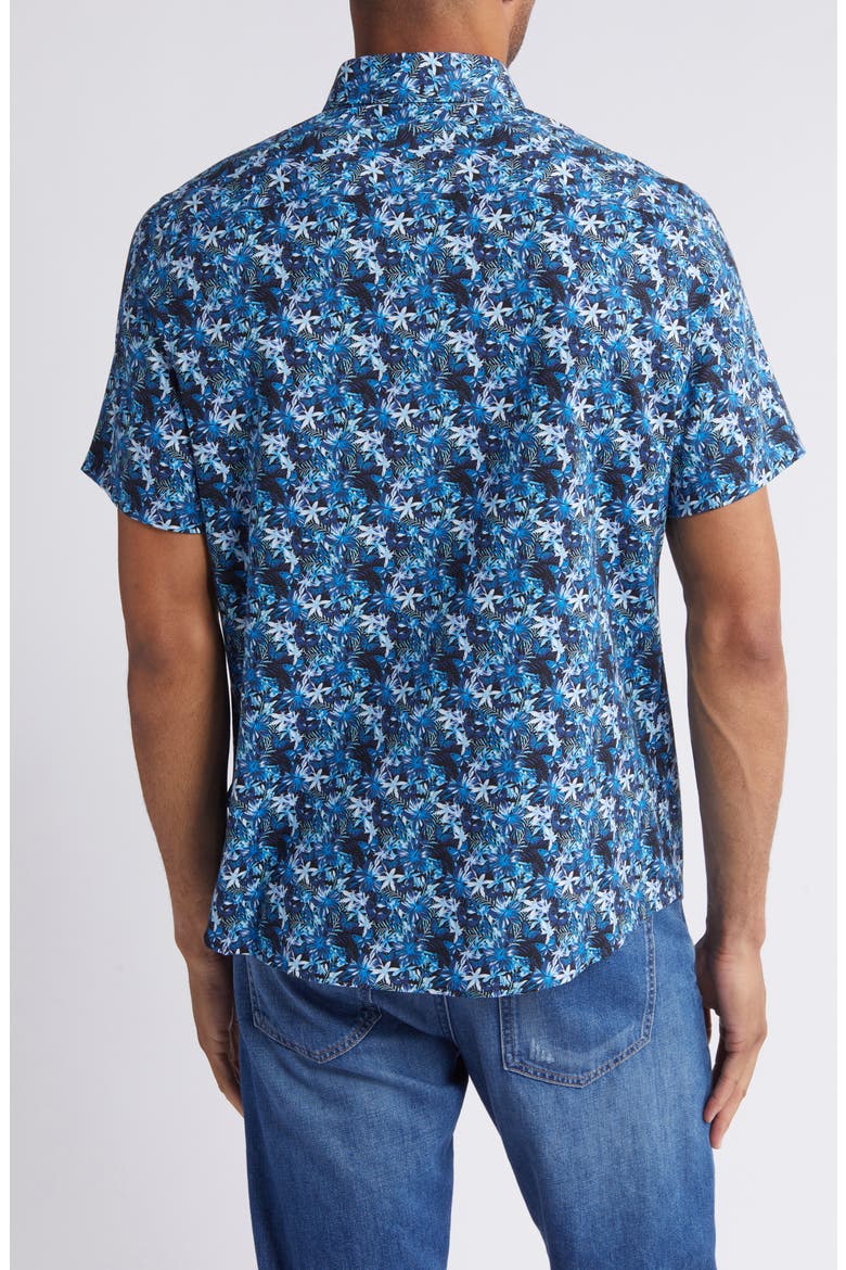 Floral Butterfly Print Short Sleeve Stretch Button-Up Shirt, Alternate, color, NAVY