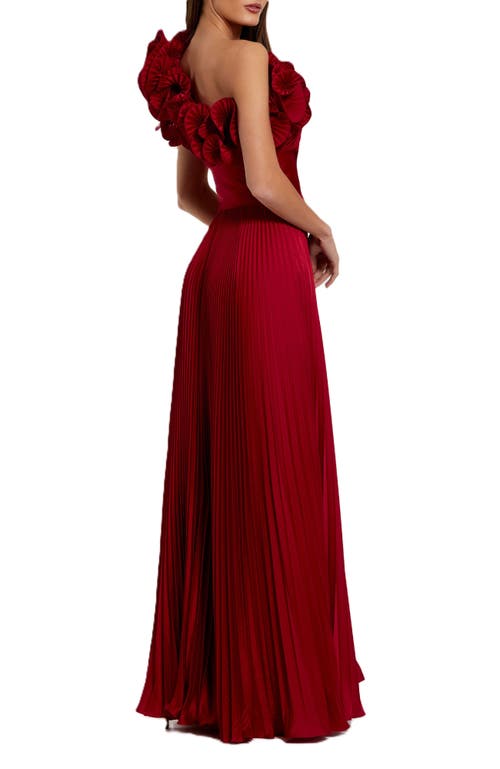 Mac Duggal Pleated Charmeuse One Shoulder Ruffle Gown In Red