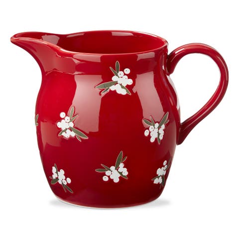 Red Ceramic Sprig Pitcher Beverage Server for Christmas