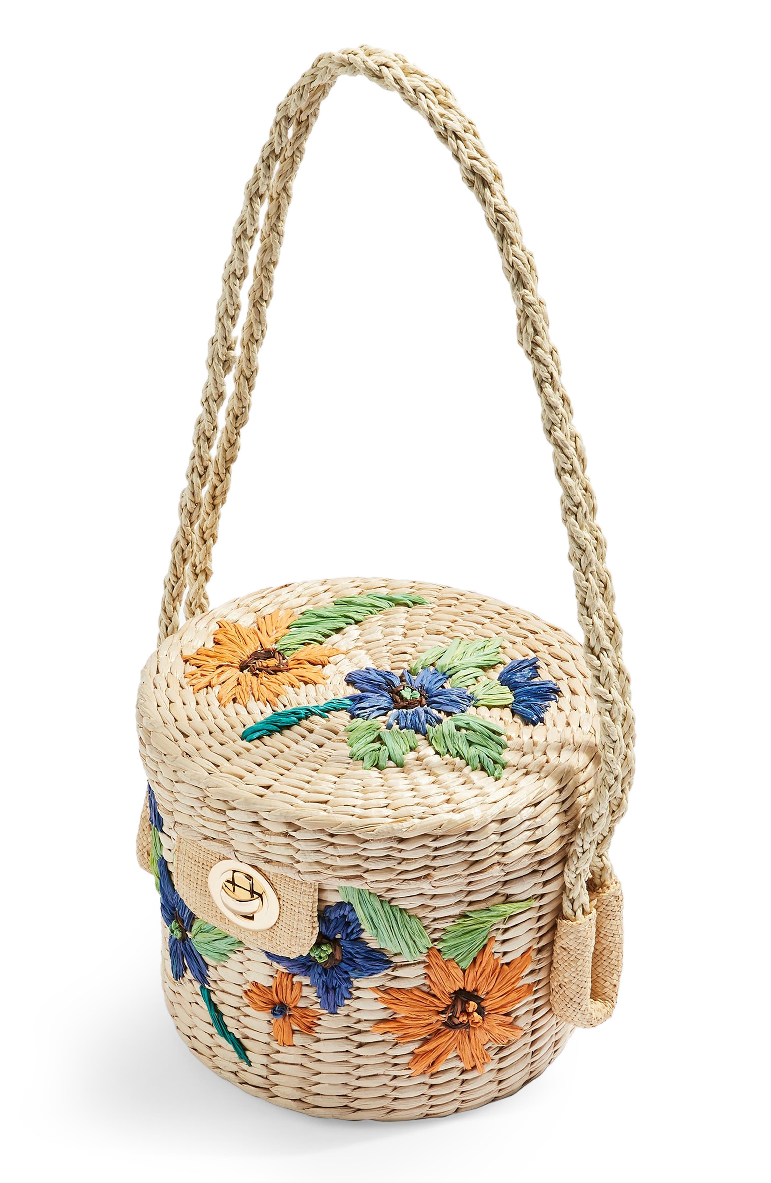 Topshop Fable Floral Straw Bucket Bag, Alternate, color, 