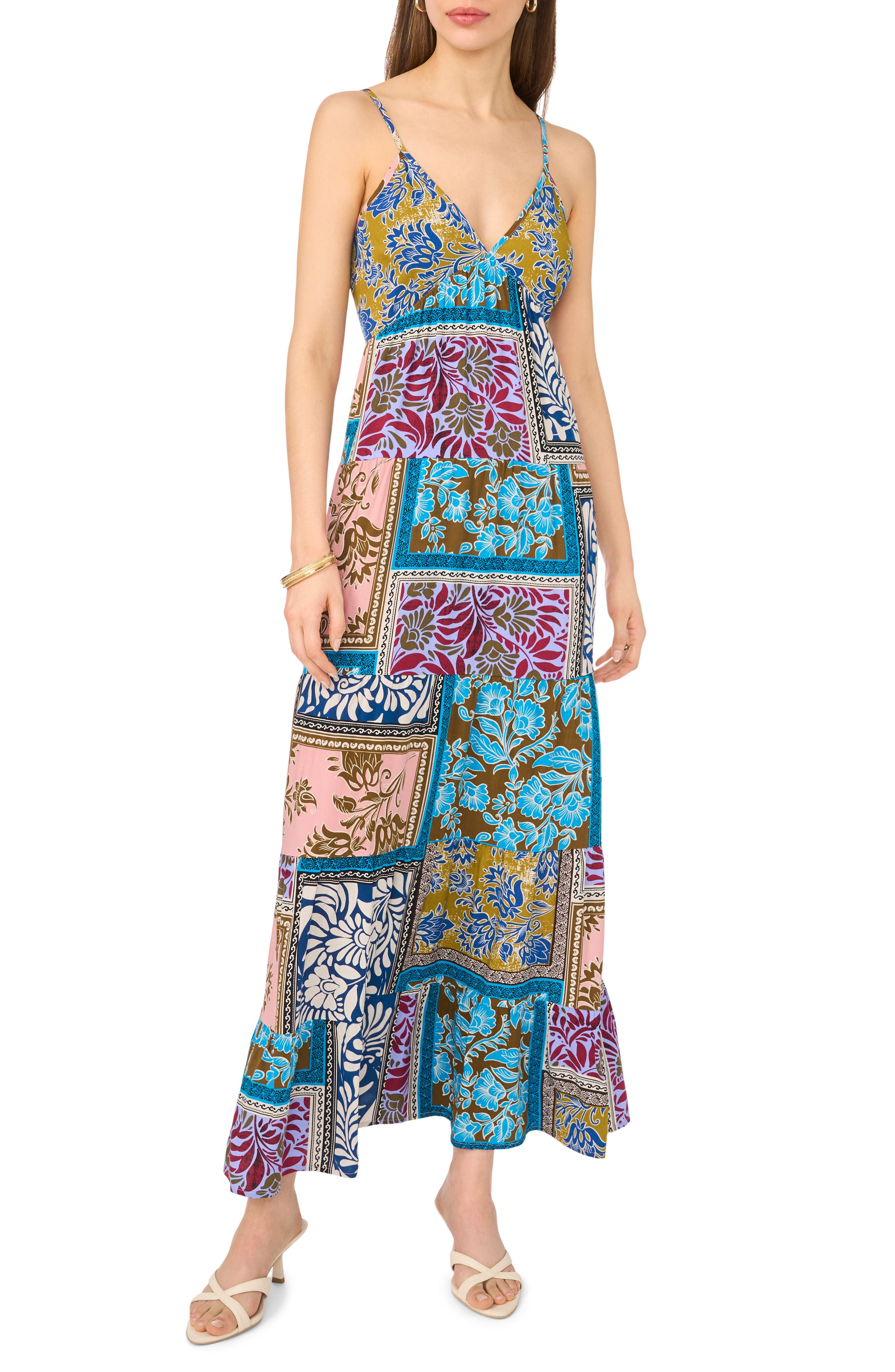 Halogen® Patchwork Print Empire Waist Tiered Maxi Dress