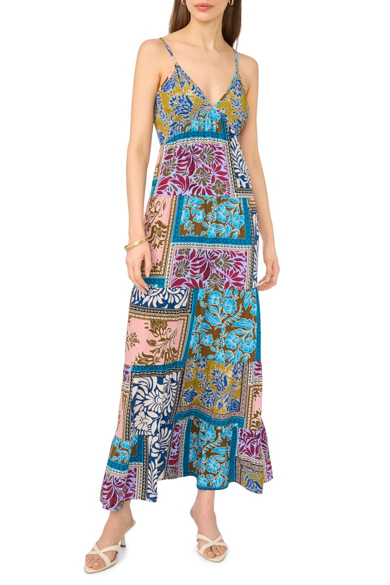 Patchwork Print Empire Waist Tiered Maxi Dress, Main, color, BLUE MULTI