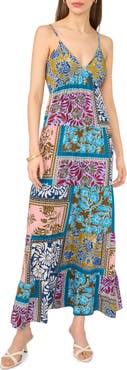 Halogen® Patchwork Print Empire Waist Tiered Maxi Dress