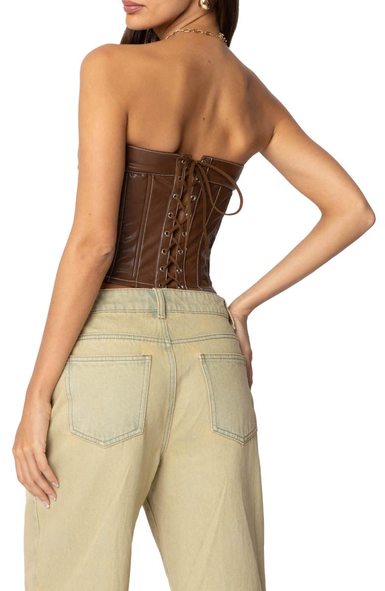 EDIKTED Moss Faux Leather Lace-Up Corset Top, Alternate, color, Brown