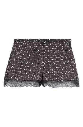 Etam Sentiment Polka Dot Lace Trim Satin Pajama Shorts In Black
