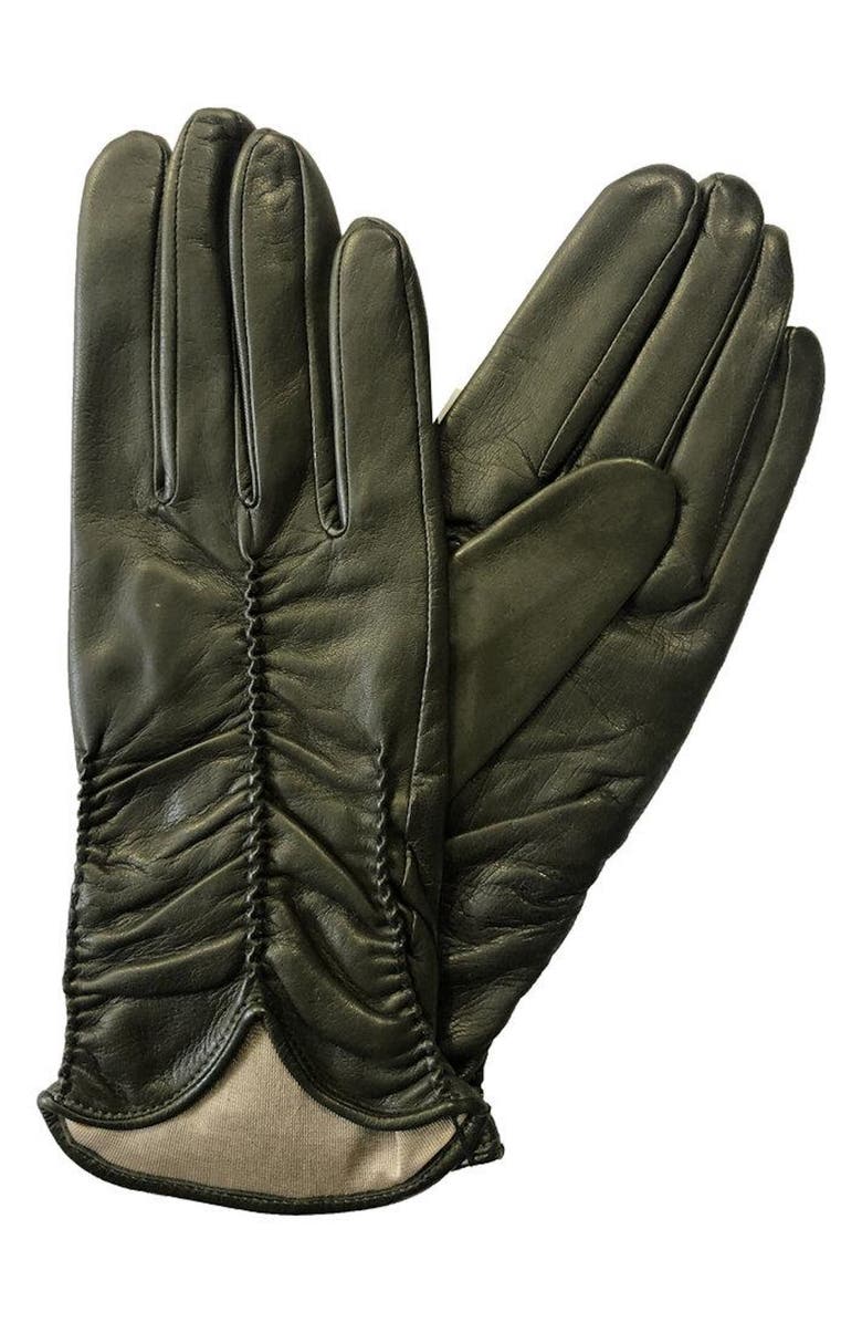 Paula Rowan Renee Ruched Leather Gloves, Main, color, Olive