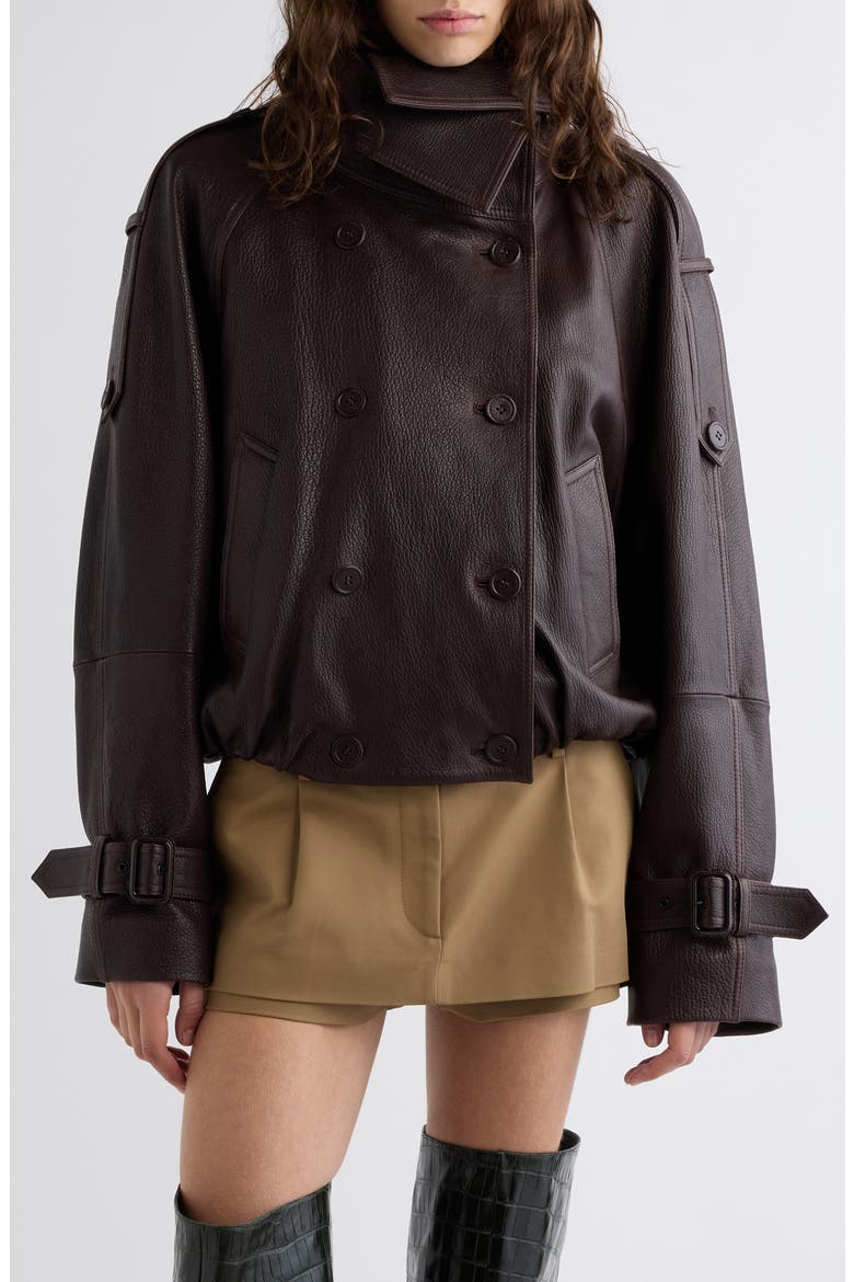 Laris Leather Crop Trench Coat, Main, color, DARK BROWN