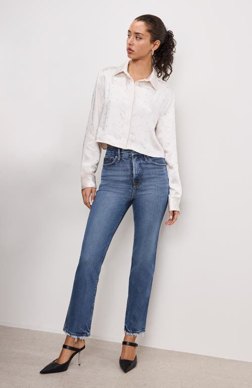 GOOD AMERICAN GOOD AMERICAN CRYSTAL EMBELLISHED SATIN BUTTON-UP CROP SHIRT