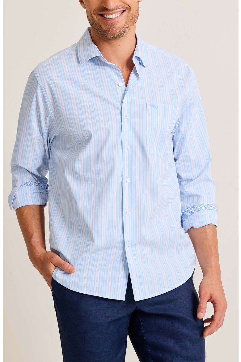 Sarasota Stretch Centera Stripe Button-Up Shirt, Main, color, DEW DROP