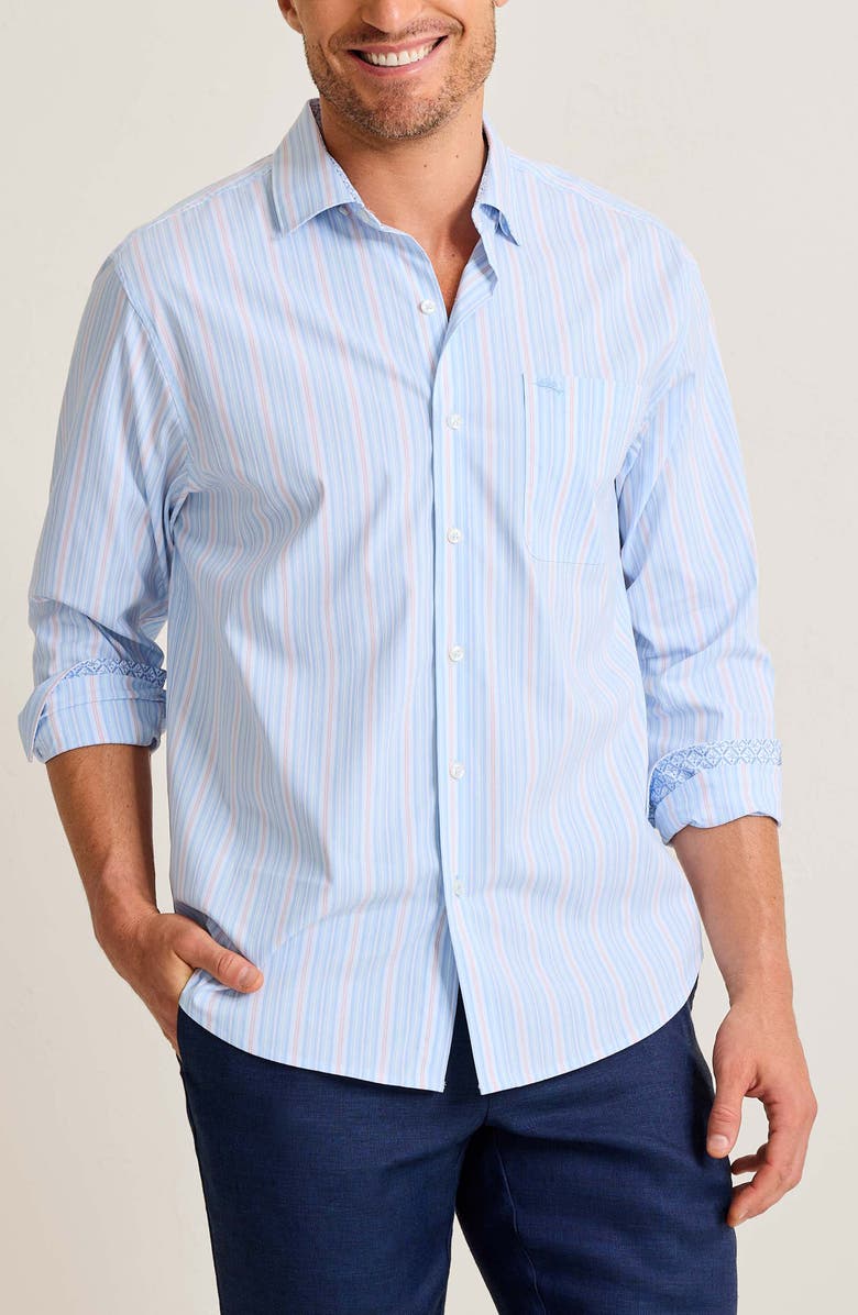 Tommy Bahama Sarasota Stretch Centera Stripe Button-Up Shirt, Main, color, Dew Drop