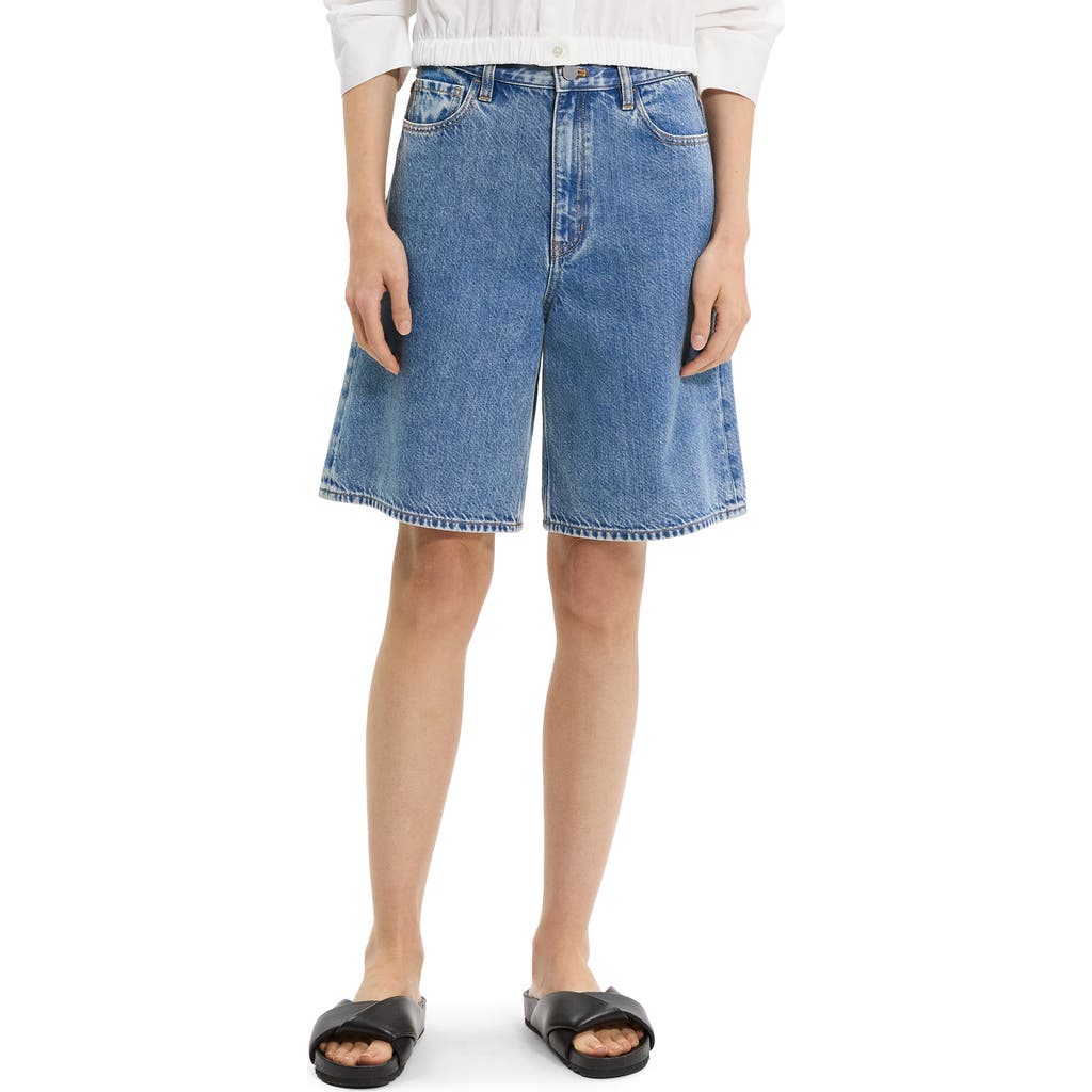 Theory High Waisted Relaxed Long Shorts In Cotton-blend In Blue