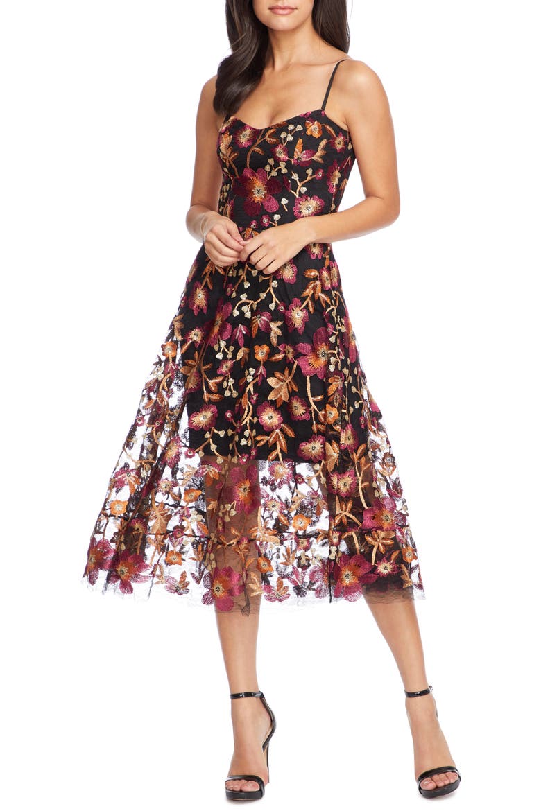 Uma Floral Embroidered Lace Dress, Main, color, MAROON/BLACK MU