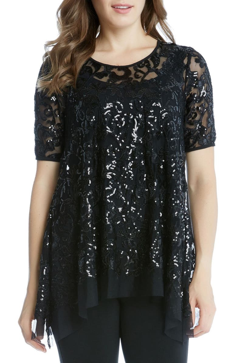 Karen Kane Sequin Mesh Flare Top, Main, color,
