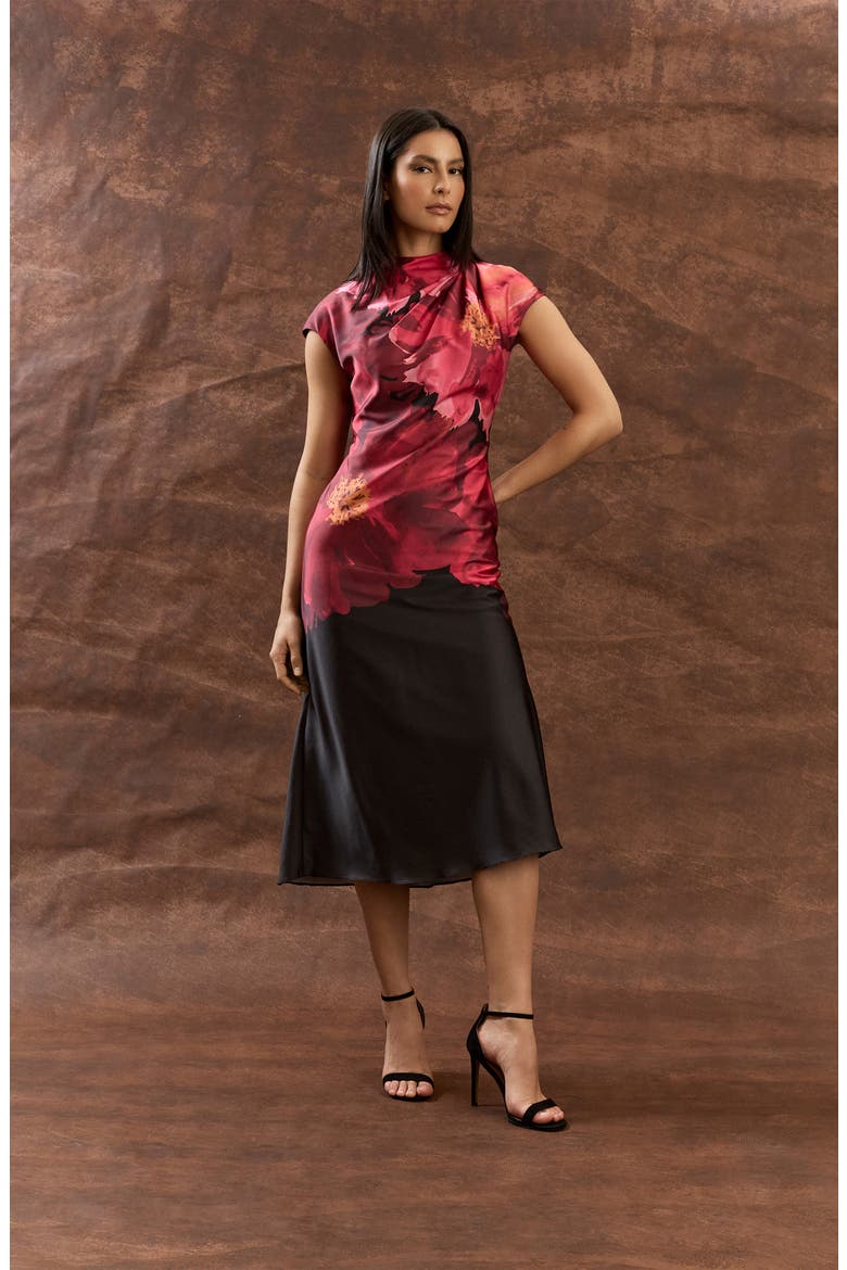 Pleated Floral Print Cap Sleeve Satin Midi Dress, Alternate, color, BLACK/ FLAME