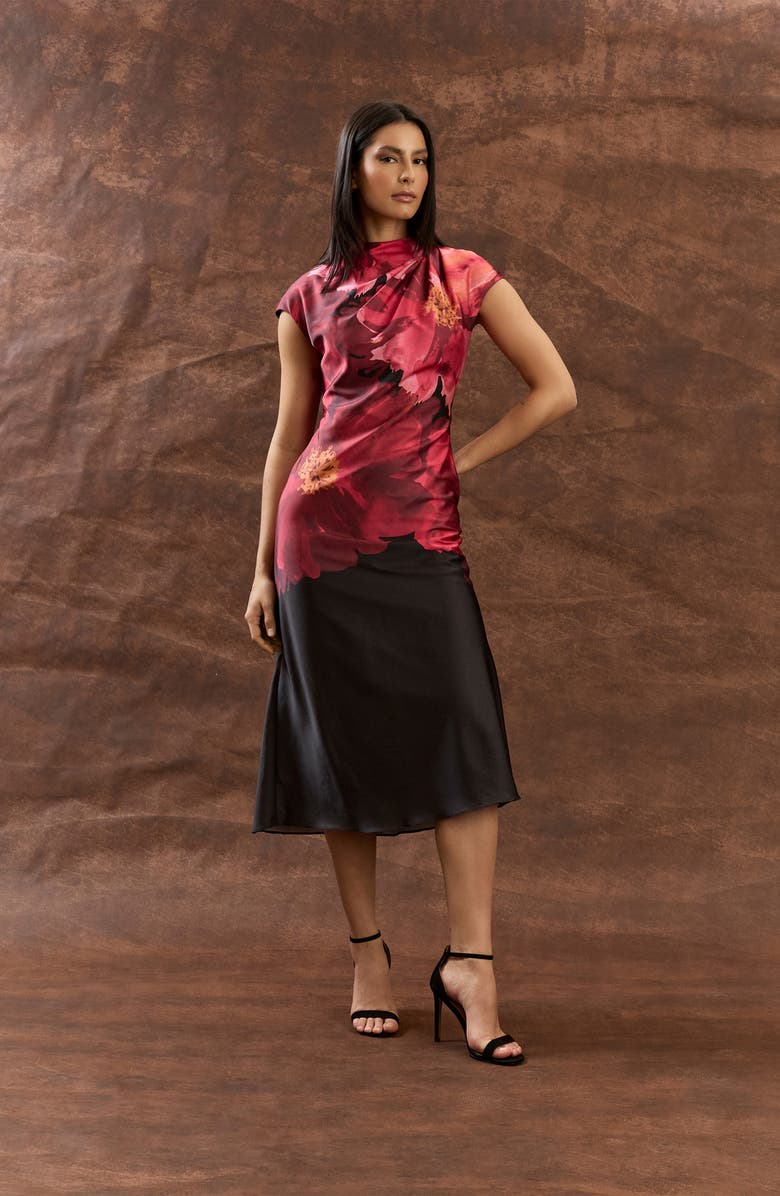 Maggy London Pleated Floral Print Cap Sleeve Satin Midi Dress, Alternate, color, Black/ Flame