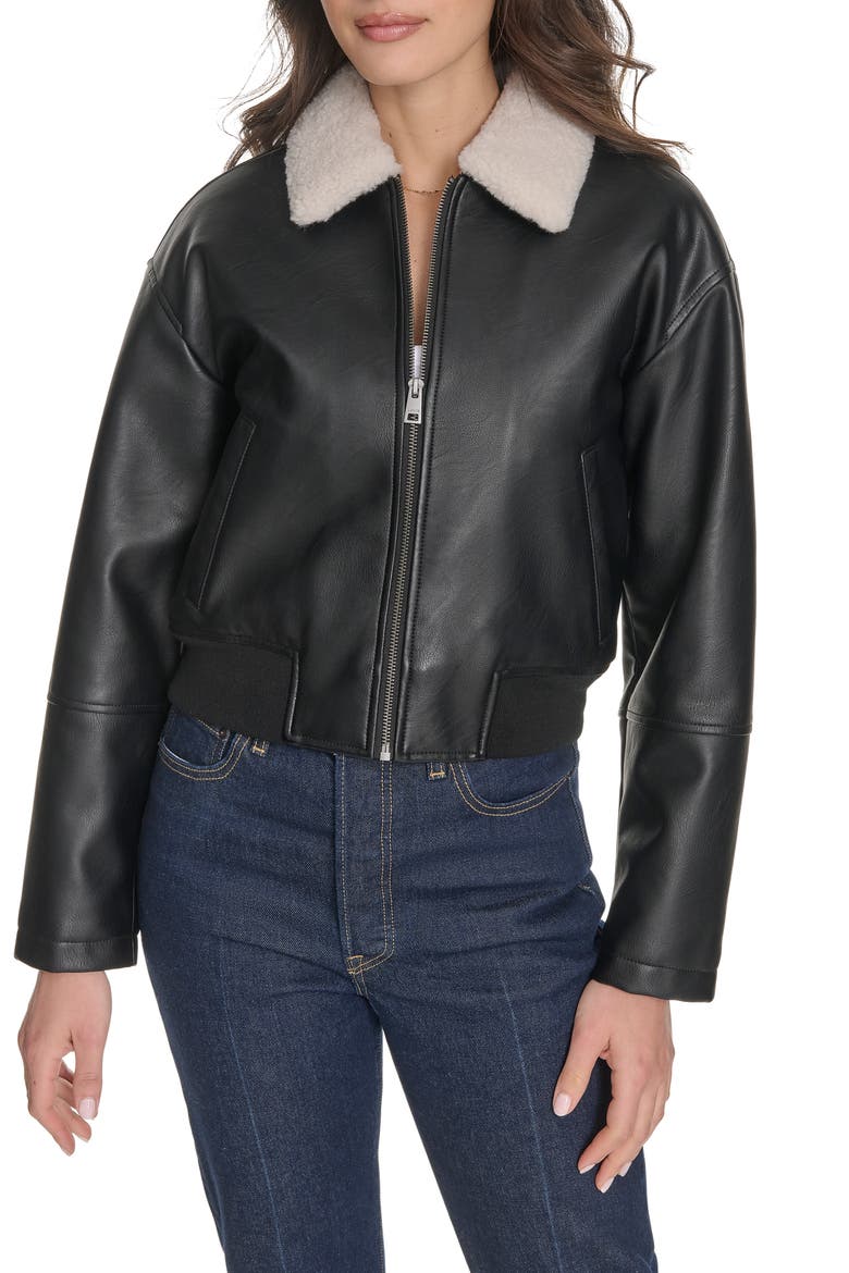 Faux Leather Bomber Jacket with Faux Shearling Collar, Main, color, BLACK