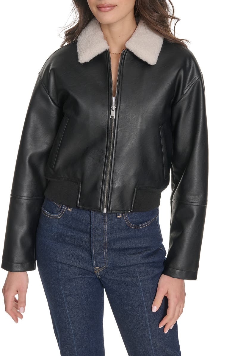 Levi's Faux Leather Bomber Jacket with Faux Shearling Collar, Main, color, Black
