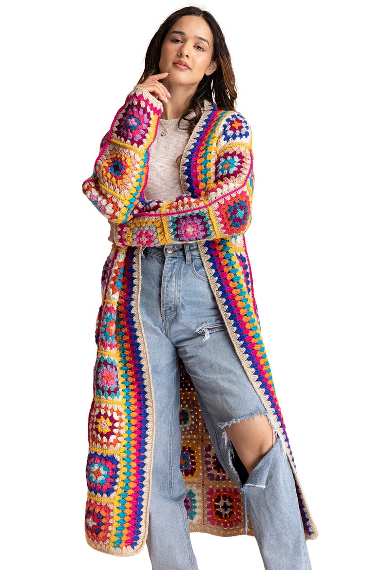 Granny Square Crochet Longline Cardigan, Main, color, NATURAL