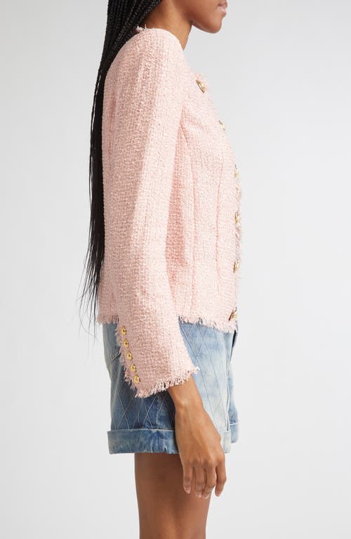 Balmain Glitter Embellished Silk Tweed Spencer Jacket In Pink