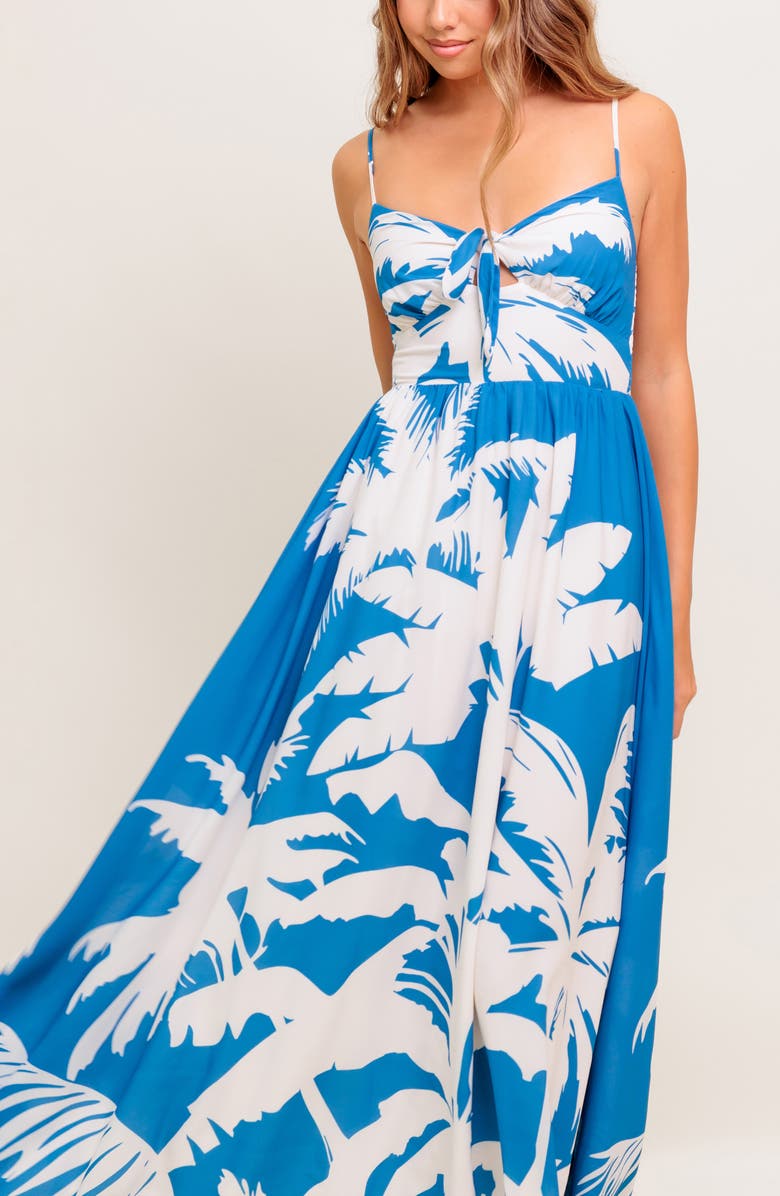 FLYING TOMATO Frond Tie Front Maxi Dress, Alternate, color, Navy/ White