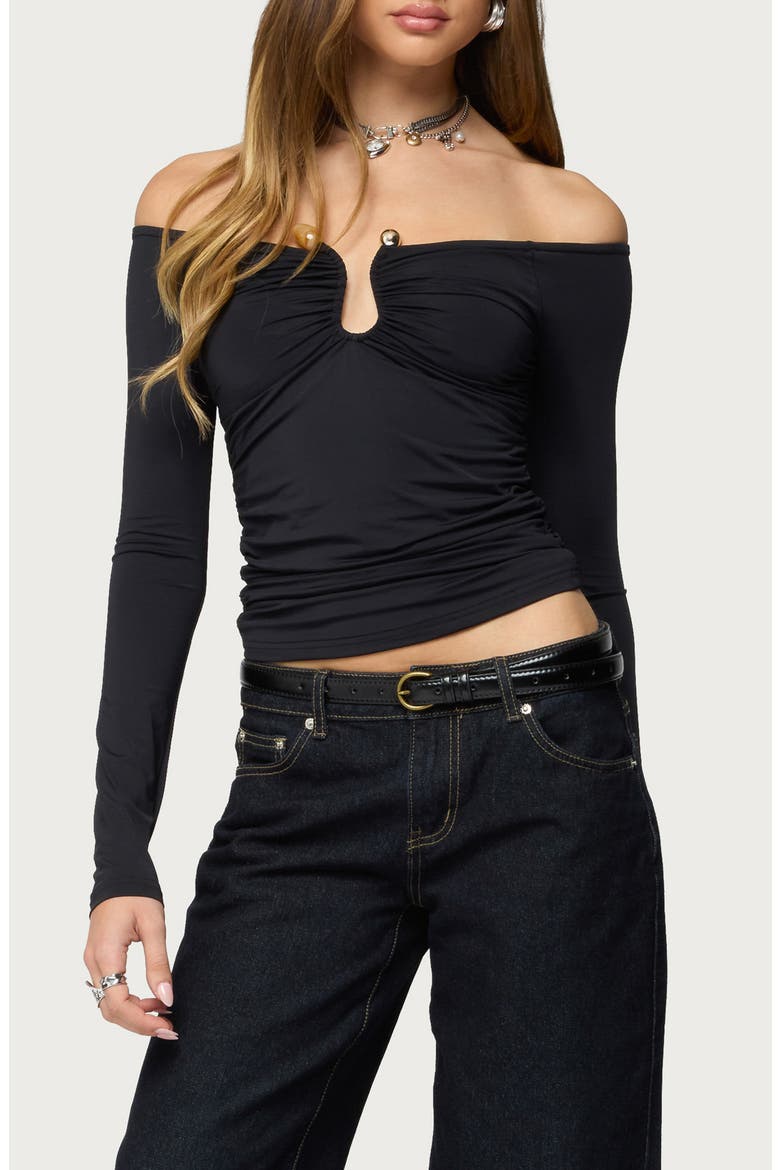 Halle Abstract Wavy Hardware Off the Shoulder Top, Main, color, BLACK