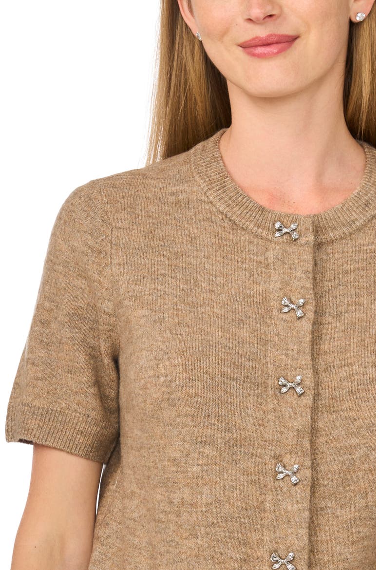 Bow Accent Short Sleeve Cardigan, Alternate, color, TAUPE
